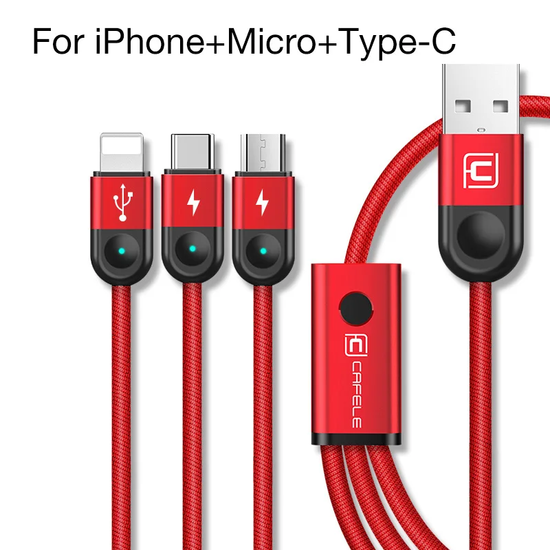 Cafele светодиодный светильник 3 в 1 usb кабель для зарядки Micro usb type C кабель для iPhone XR huawei Xiaomi samsung 130 см Синхронизация данных USB провод - Цвет: Red 1