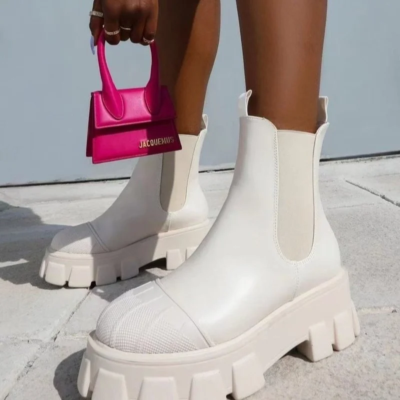 

High Quality Ankle Boots For Women Autumn Motorcycle Boots Thick Heel Platform Shoes Woman Slip On Round Toe Fashion Martin Boot