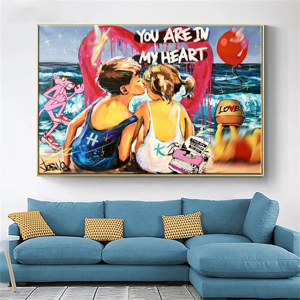 

Cartoon Painting You In My Heart Poster Pop Art Canvas Print on Canvas Modern Wall Art Living Room Home Decoration