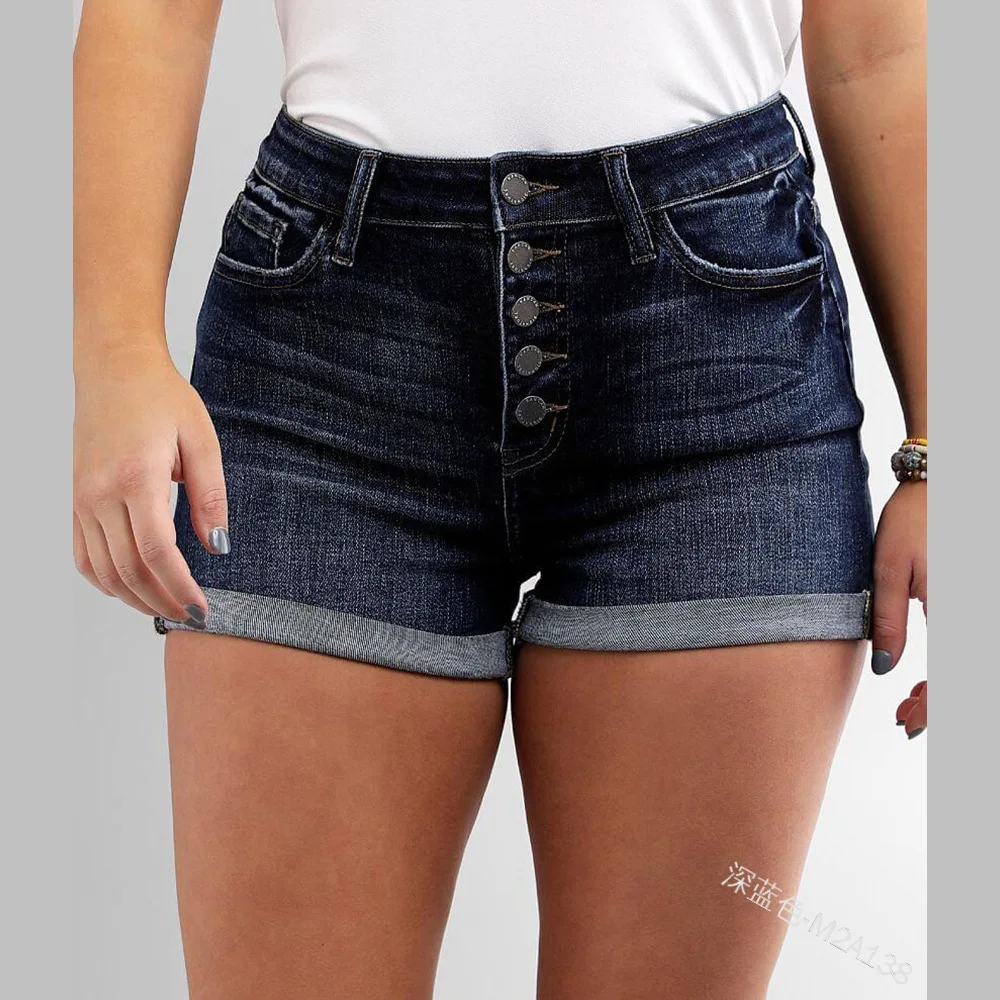 

WEPBEL Denim Shorts Women's Casual Solid Color Pocket Slim Shorts Summer High Waist Single Breasted Denim Straight Shorts