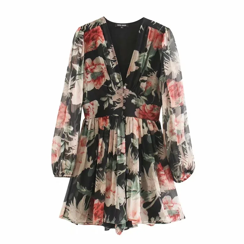 

New European and American style retro V-Neck long sleeve slim waist flowers printed one-piece pants trend in summer 2020