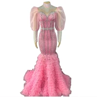pearl princess long dress pink trumpet dress girls cosplay costume party birthday outfit singer host stage rhinestone dress