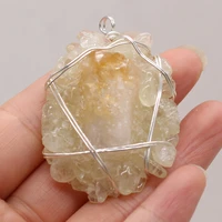 hot selling natural semi precious stone irregular yellow crystal bud wrapped silver wire pendant diy35x55 37x58mm
