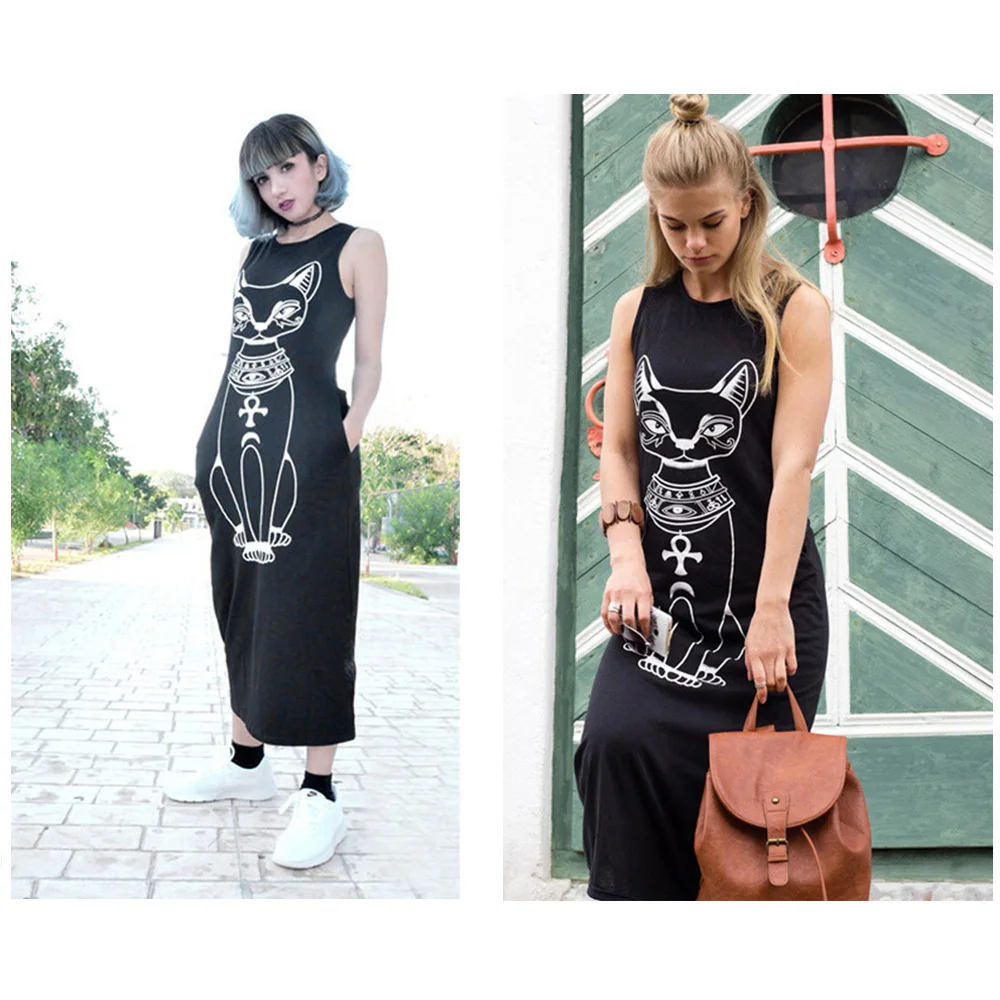 Без рукавов миди платье для женщин с рисунком кота принт животными изображение