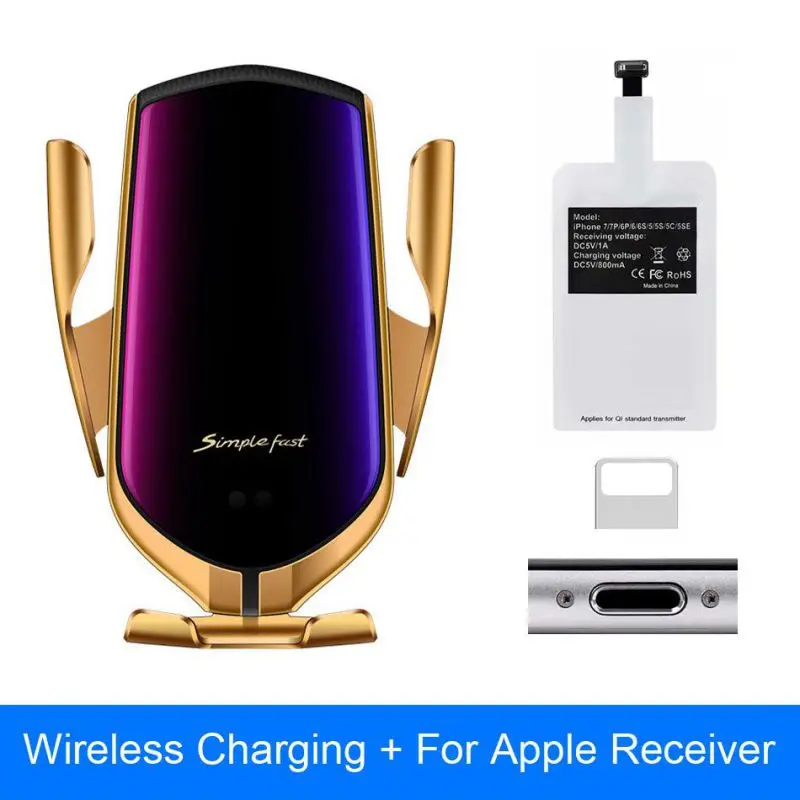 R1 serrage automatique 10 Вт поддержка voiture chargeur беспроводной capteur infrarouge intelligent Qi gps prise d'air поддержка - Цвет: Gold For IOS
