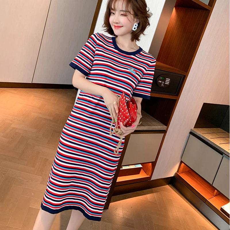 

2020 New Summer Dresses Women Striped Casual Dress O-neck Short Sleeve Korean Style Kintted Basic Women's Clothes Female