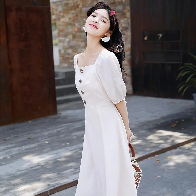 

For Summer Women's Dress Square Collar Puff Sleeve A-Line Women's Dress White Button Fashion Ladies Dress SS3331