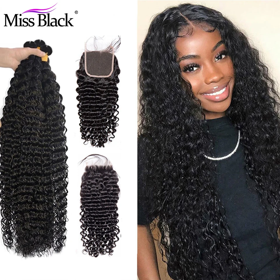 Miss Black Brazilian Deep Wave 3/4 Bundles Human Hair Extension With 4*4 Lace Closure With Closure Swiss for Black Women