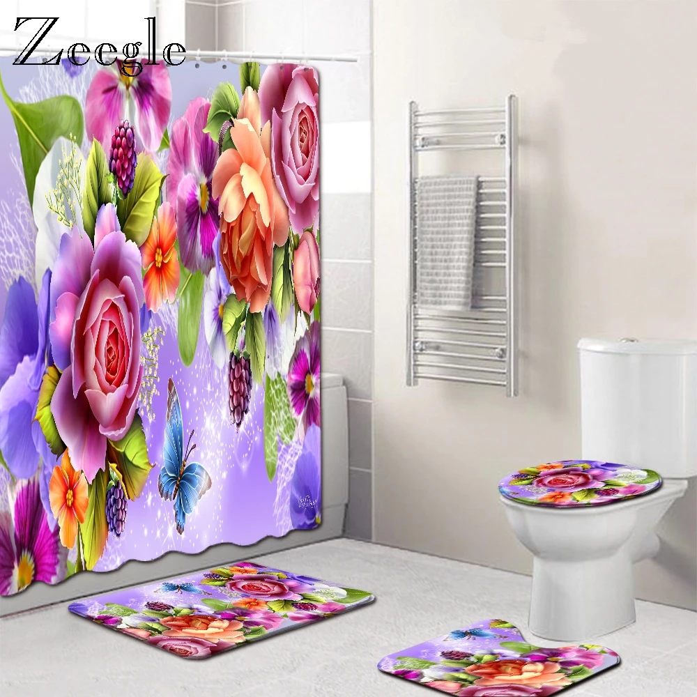 

Zeegle 4pcs Bath Mat Set Anti Slip Toilet Pedestal Rug Foot Floor Rug Polyester Toilet Seat Cover Mat Absorbent Soft Toilet Set