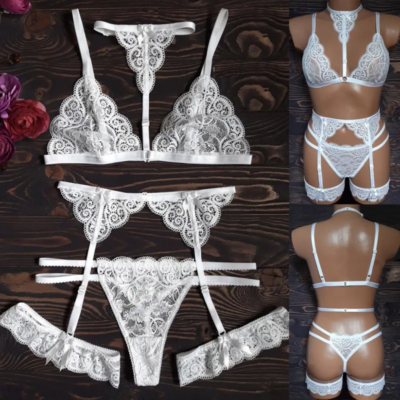 

Lace Stitching Three-Piece 3XL Plus Size Nightdress Underwear Set Women Sexy Lingerie Exotic 3pc Garter Panties Underwear Set