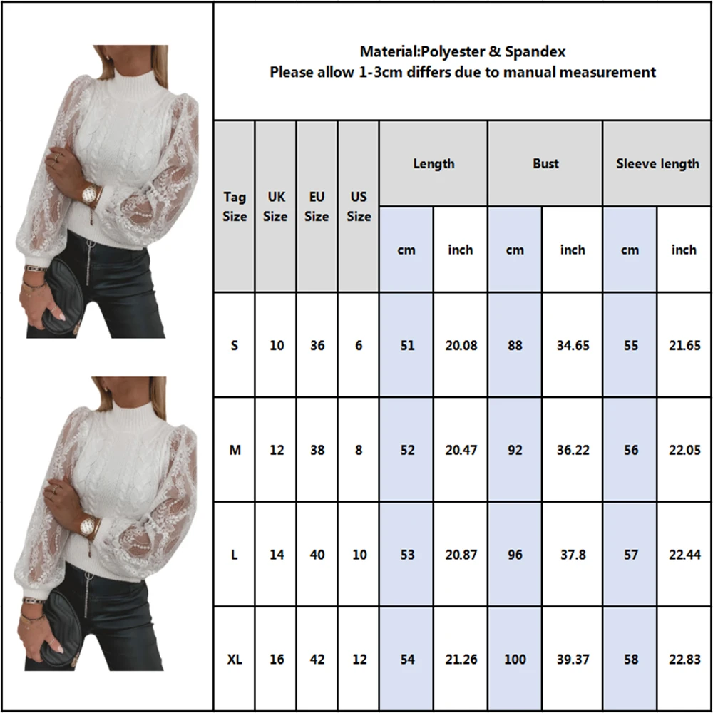 

Turtleneck Woman Sweaters Pullovers Knitted Jumper Hollow Out Lantern Sleeve White Pullover Lace Patchwork Sweaters Slim pull