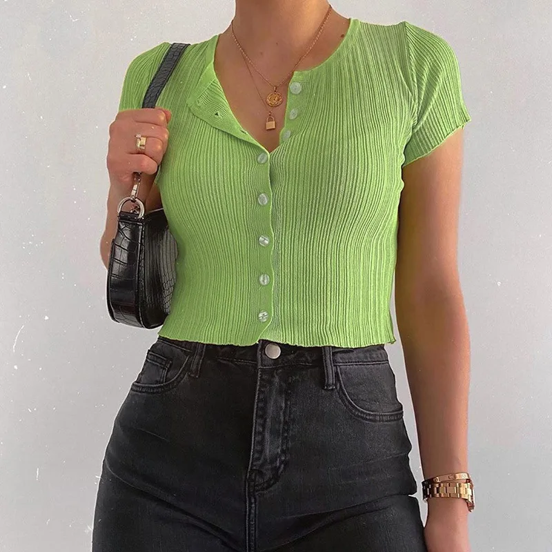 

2021 button O neck green casual women top shirt Knit Slim Short Sleeve sweet bodycon Streetwear elegant lady chic crop tops