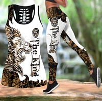tattoo king lion art legings two piece yoga set women 3d print vest hollow out tank top high waist legging summer casual sport 1