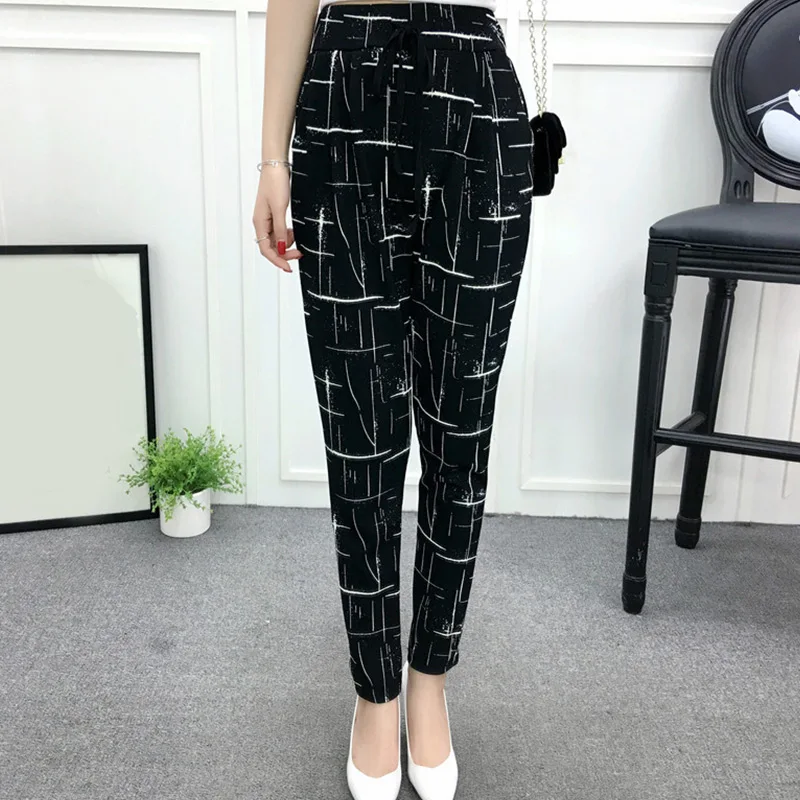 

Women Casual Loose Oversize Wide Leg Pants 2021 Summer High Elastic Waist Harem Pants Ladies Belt Striped Elasticated Trousers
