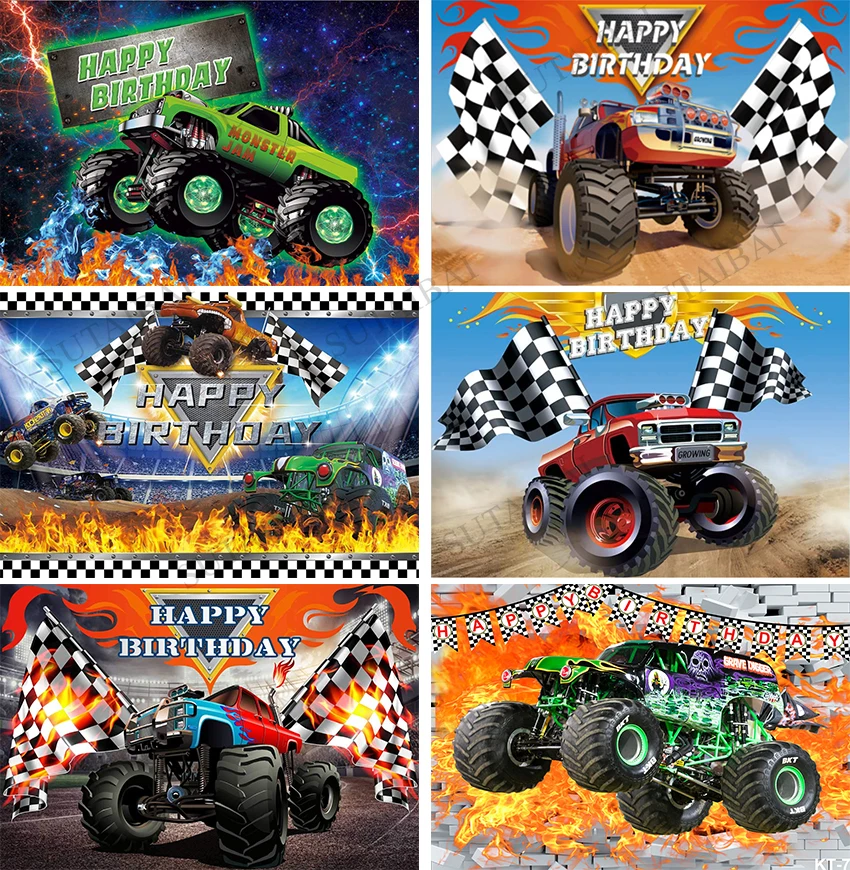 

Monster Truck Backdrop Birthday Party Backdrop Racing Cars Grave Digger Checkered Flag Photography Background for Baby Decor
