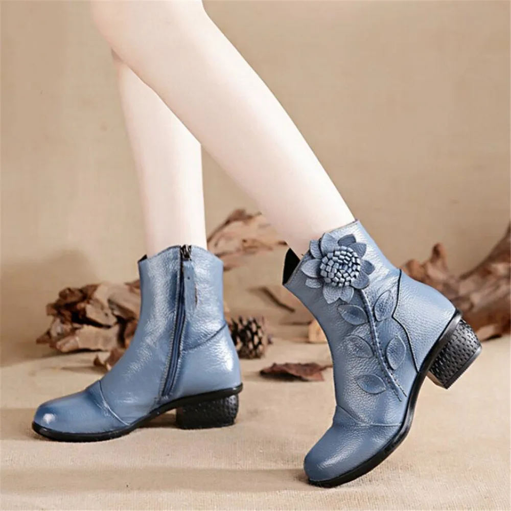

warm breathable mid heel women's shoes retro fashion 100% genuine leather womens boots zapatos de mujer ankle boots for women