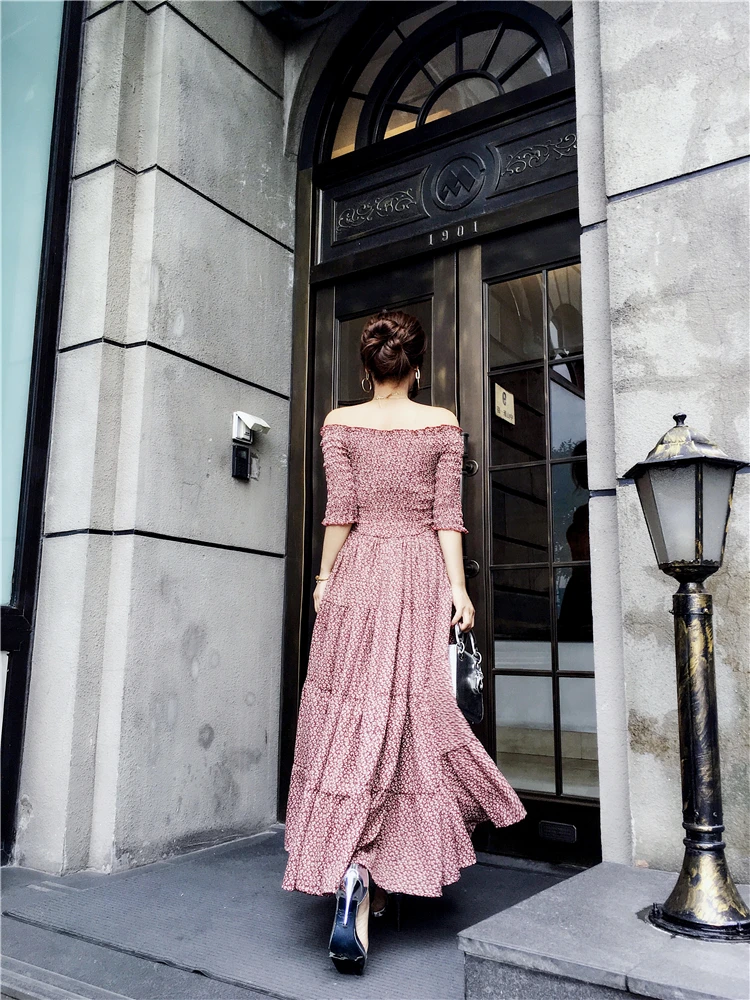 

2021 Summer New Fashion Party Mesh High Waist Slim Women's Clothing Elegant Waist Slash Neck Off-the-shoulder Floral Long Dress