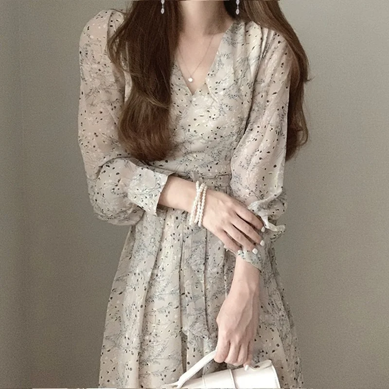

Spring Temperament Print Chic V-neck Long Sleeve Chiffon Dress Simple Casual Office Lady Robe Sweet Elegant Slim Waist Vestidos
