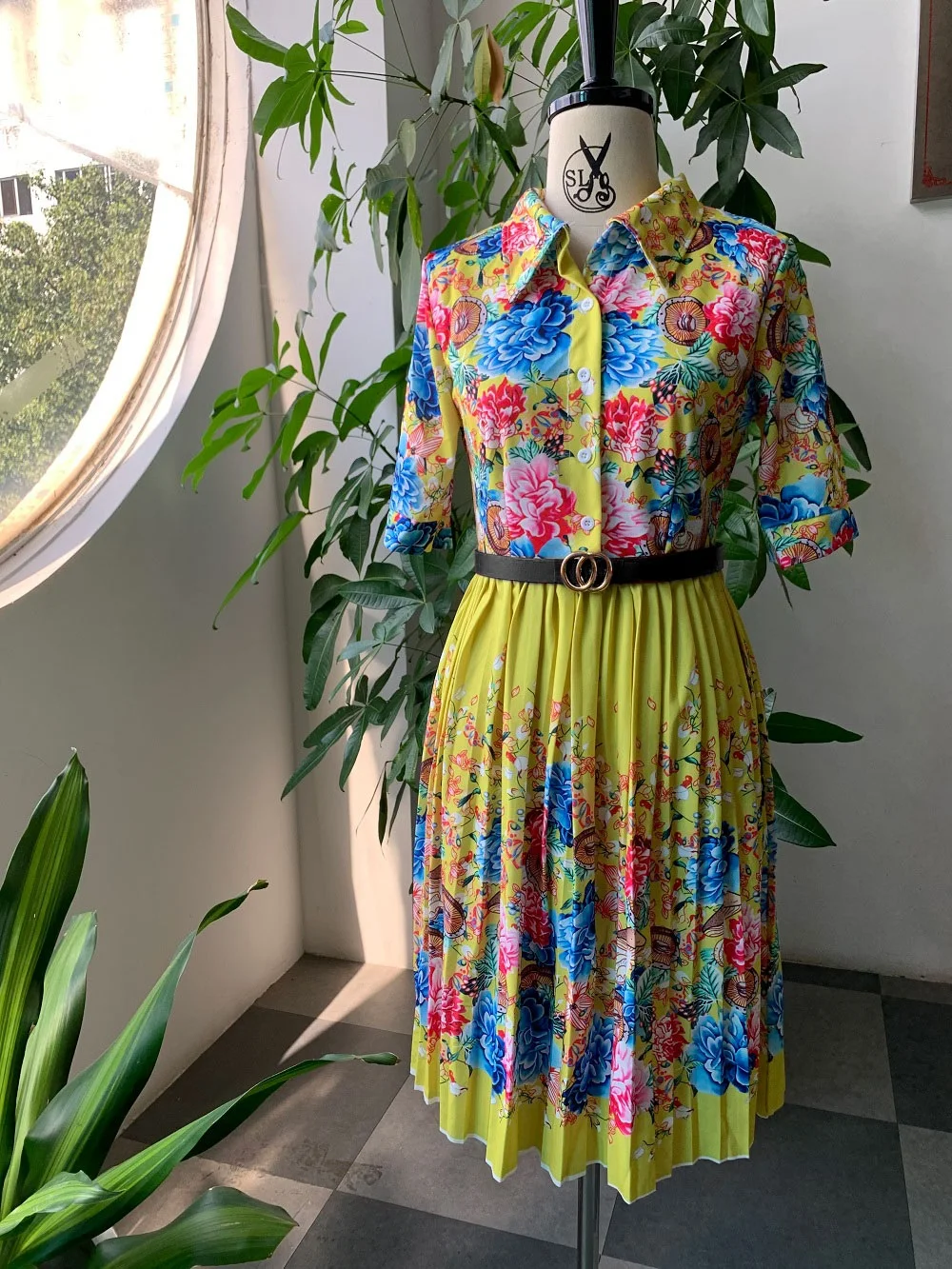 

Yellow Floral Print Pleated Party Dress Elegant Women Sleeve Dress Plus Size Vintage Robe Office Ladies Dinner Summer 2021
