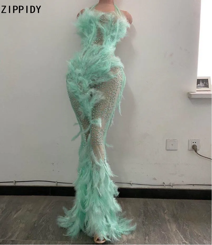 

Green Rhinestones Feather Dress Birthday Celebrate Transparent Net Outfit Bar Prom Women Singer Dancer Long Dress
