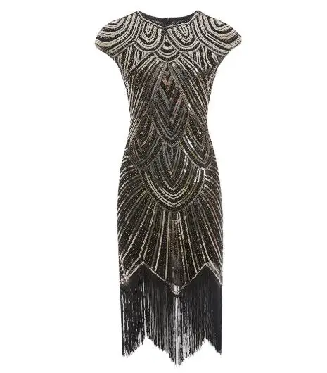 Золотой Женское вечернее платье, халат Femme 1920 s, отличная Хлопушка в стиле Гэтсби, блестящая бахрома, миди платье, Vestido, летнее, арт-деко, ретро черное платье - Цвет: Золотой
