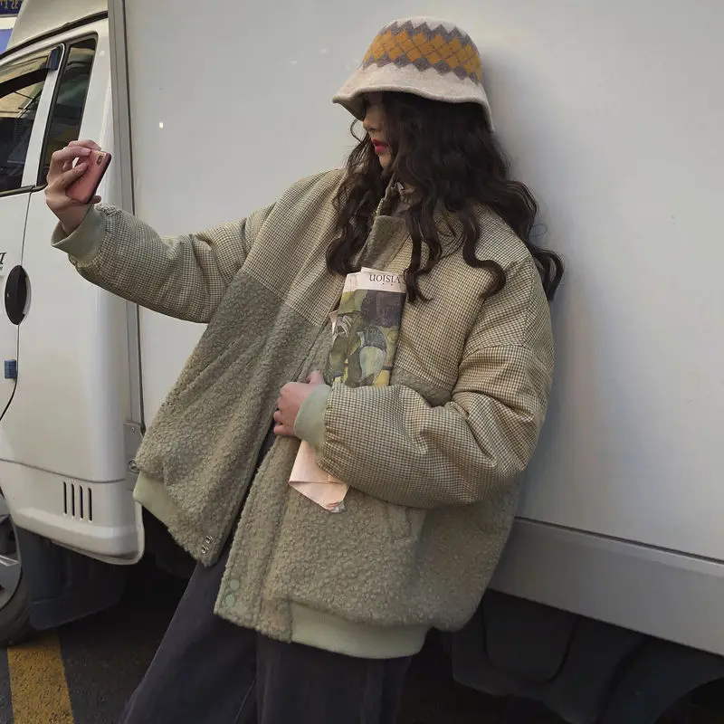 Parkas Women Design Patchwork Lambswool Thicker Outwear Warm Retro Button Panelled Plaid Short Style Parka Mujer Korean Fashion | Женская