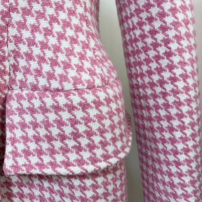 

Newest HIGH STREET Winter 2021 Designer Overcoat Women's Double Breasted Pink Houndstooth Tweed Wool Long Coat