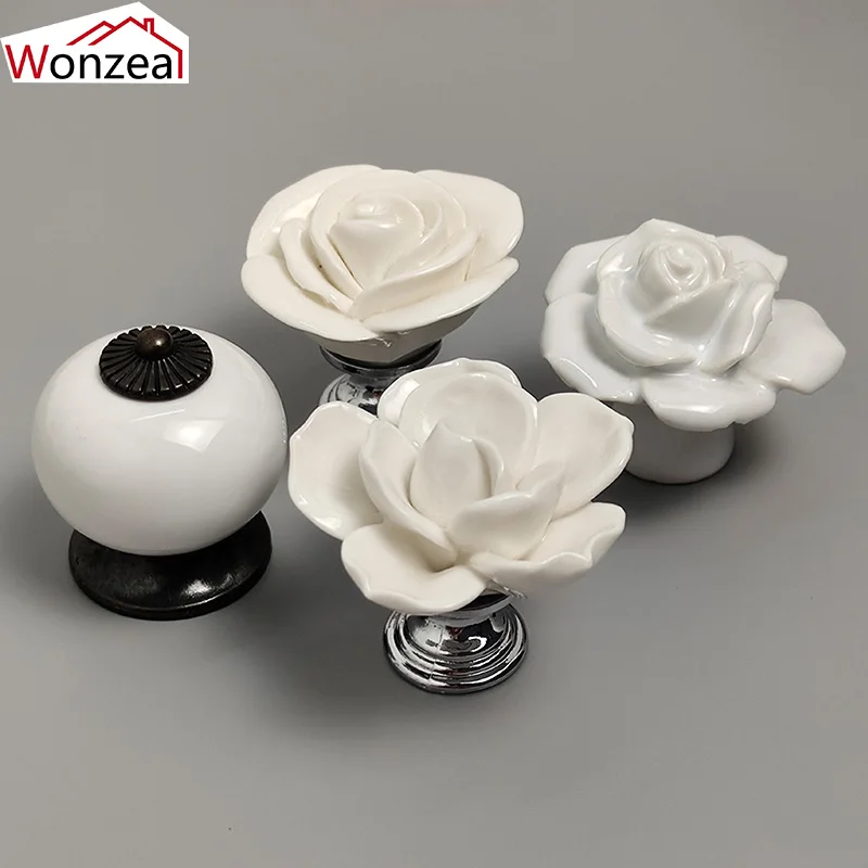 

2PCS Ceramic Handles White Flower Rose Drawer Knobs Cabinet Cupboard Kitchen Door Pulls With Screws Furniture Handles