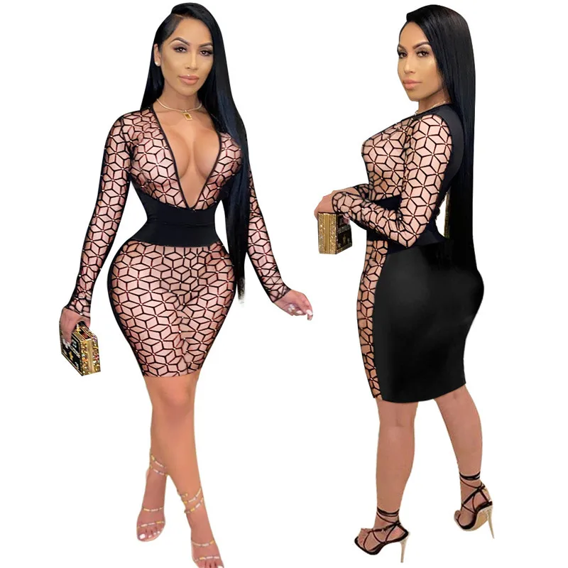 

WJFZQM Deep V Neck Bodycon Black Dress Fashion Geometric Patchwork Mini Dress Mesh Long Sleeve Streetwear Womens Sexy Club Dress