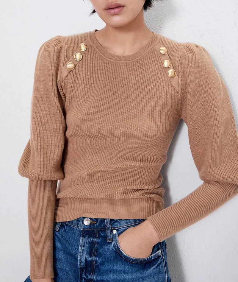 Faux Button Ribbed Top Women Winter Autumn Sweaters Pull Femme | Женская одежда