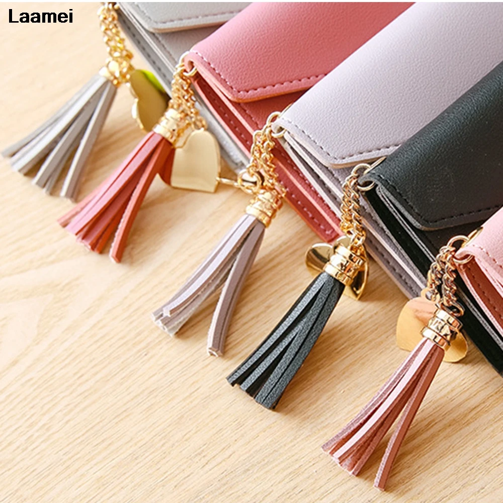

Laamei 2020 Fashion Women Wallets Simple Zipper Purses Solid Color Heart Tassel Long Clutch Wallet Soft PU Leather Money Bag