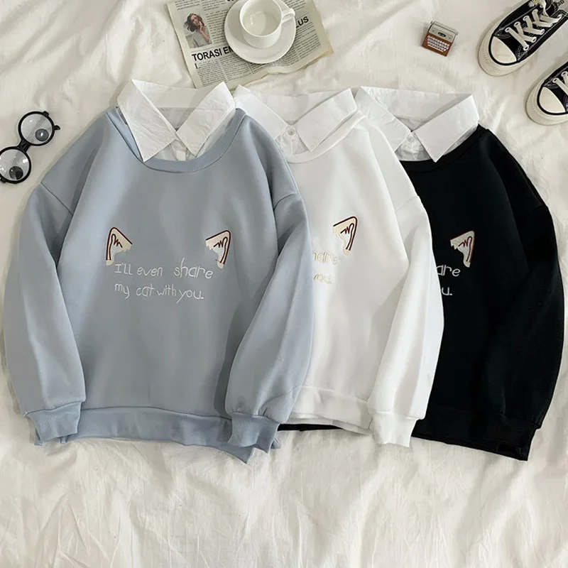 

FAKUNTN winter warm Polo Collar Stitching Sweatshirt Women Fake Two-piece Coat Letter HarajukuFemale White hoodies Tops