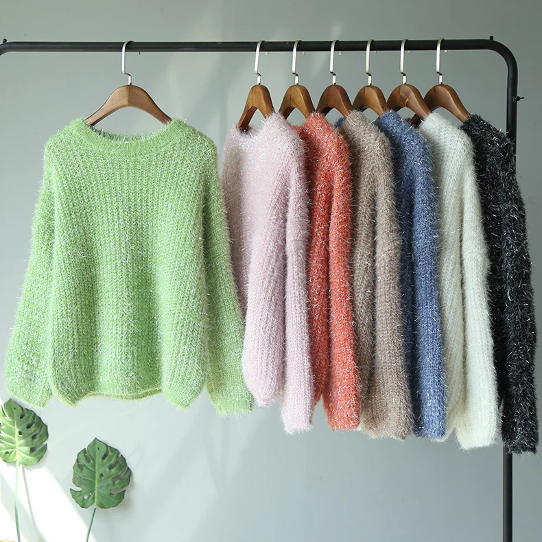 Свободный свитер сахарного цвета с длинными рукавами вязаный женский свитер.| |