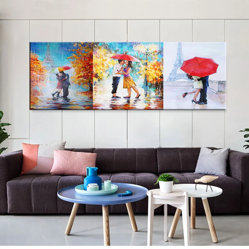 Мультфильм влюбленных холст стены искусства пара целующиеся в дождь