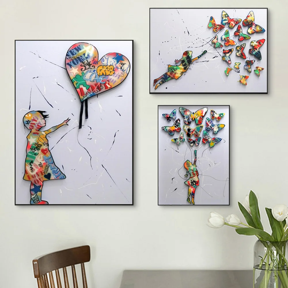 Красочный Бэнкси стену художественная маленькая девочка с любовью воздушные