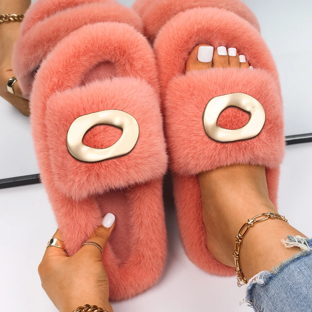 Women's Fluffy Slippers Fashion Irregular Geometric Faux Fur Slides Designer Platform Fur Sandals Cozy Slippers Casual Shoes