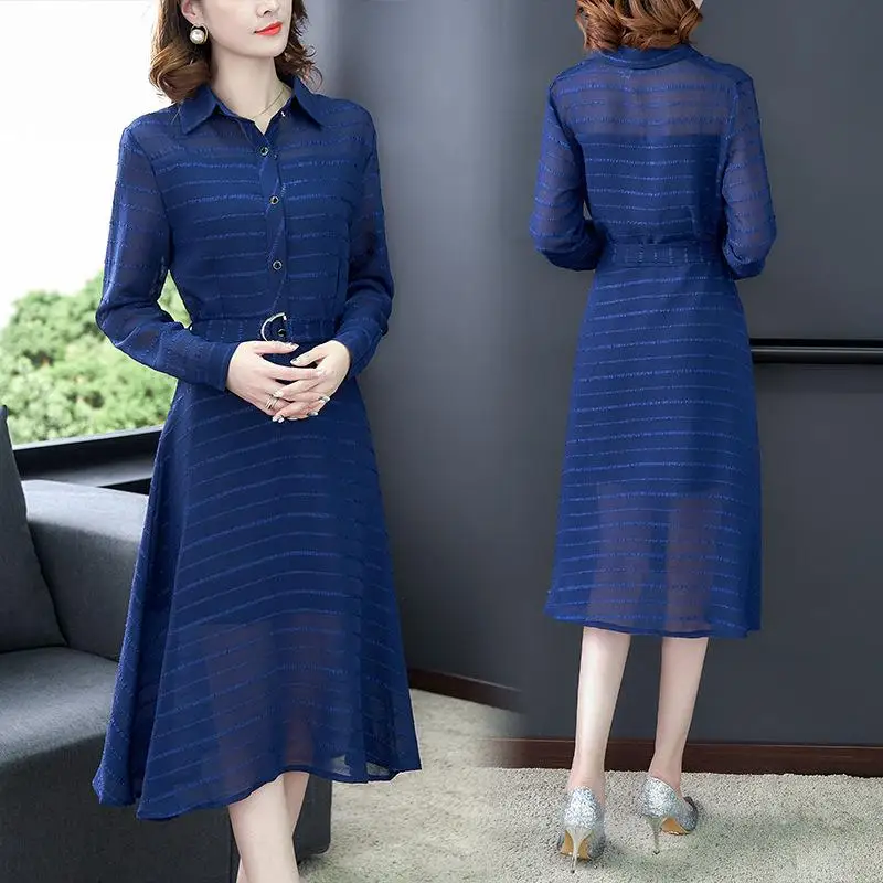 Осеннее элегантное Полосатое платье-рубашка повседневное винтажное платье