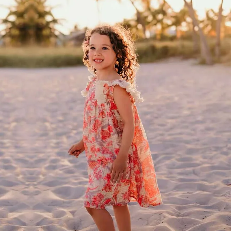 

Платье для девочек, лето 2020, новое льняное платье без рукавов с цветочным рисунком, богемное платье для маленьких девочек