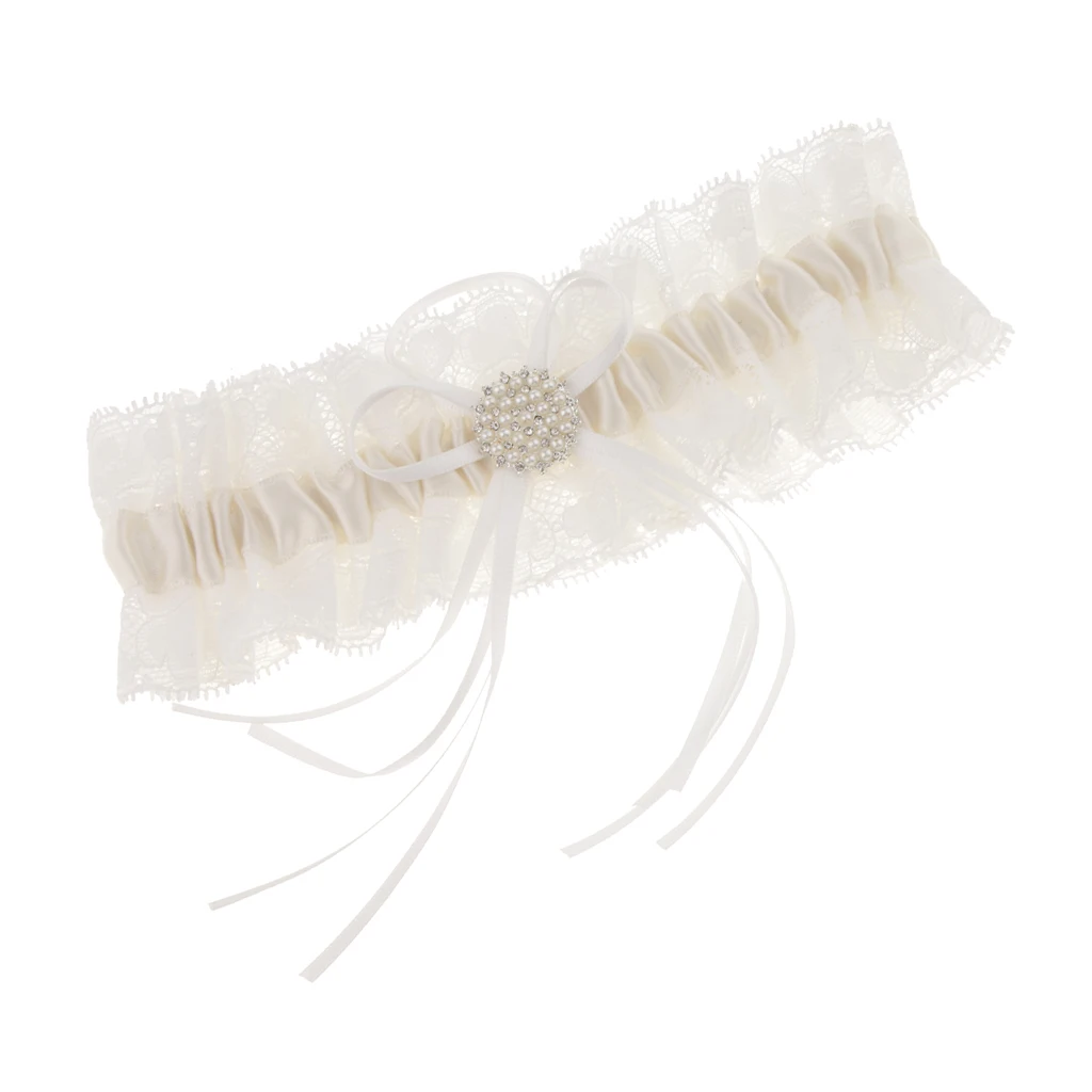 Белая Кружевная подвязка с жемчугом и бантом|Подвязки| |
