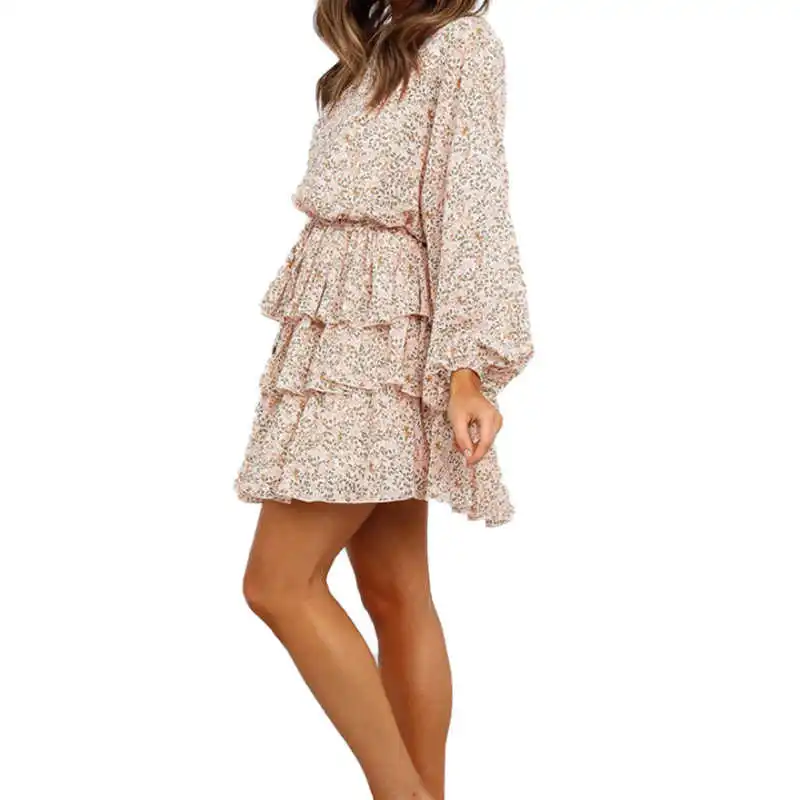 

2020 fashion women's classic round neck print autumn and winter dress floral cake skirt