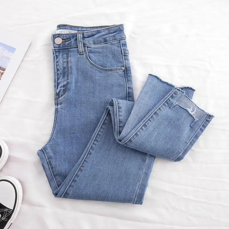 

New Skinny Pencil Jeans Female Denim Pants Women Blue Pants Ripped Stretch Waist Women Ankle Length Slim Jeans Pants Plus Size