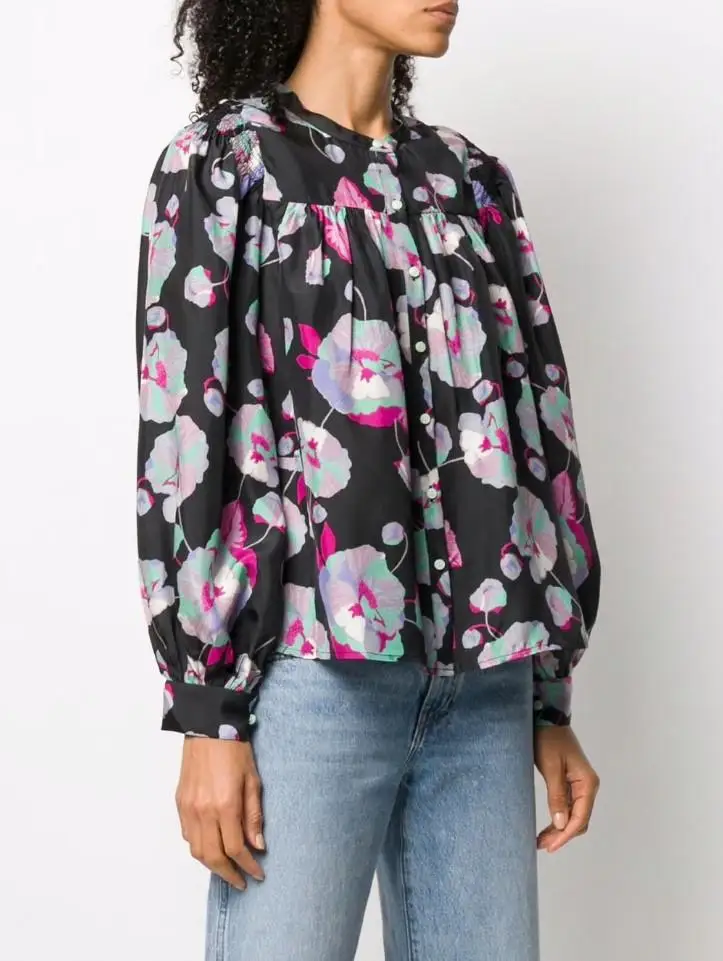 Женская винтажная блузка [ElfStyle] с цветочным принтом шелковая рубашка воротником