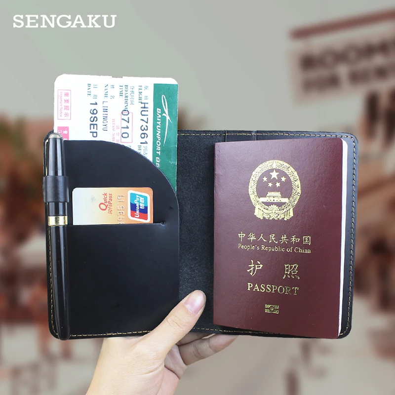 Handmade Genuine Leather Passport Wallet Travel Air Ticket Slot ID Card Pocket Coin Purse Pen Case Cover Portable Card Wallet