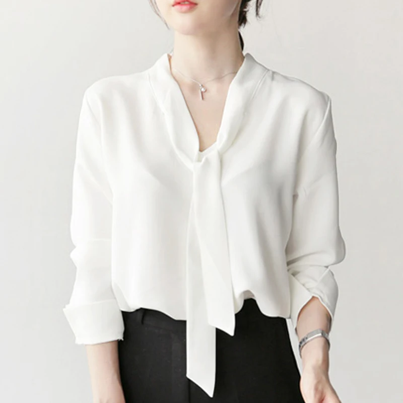 Осень 2019 шифоновая женская повседневная блузка с рукавом длинным v-образным