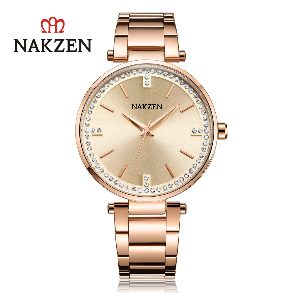 

NAKZEN JAPANESE Women Quartz Watch Hardex Glass Case Crystal Zirconia Inlaid Lady Stainless Steel Watch