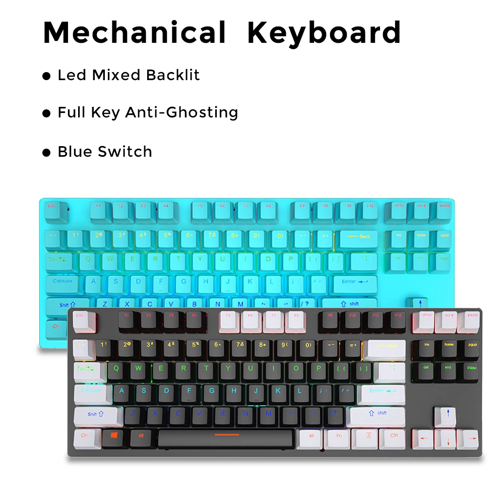 Игровая механическая клавиатура, 87 клавиш, проводная USB-клавиатура со светодиодной подсветкой и синим переключателем для настольного компь...