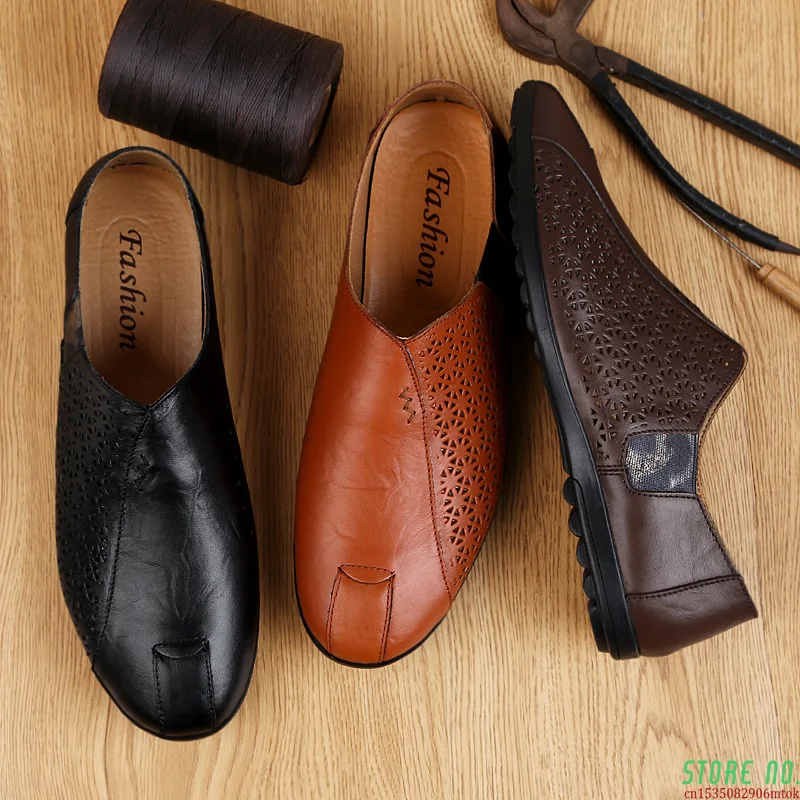 

100% Genuine Leather Shoes Men Loafers Soft Cow Leather Men Casual Shoes New Hollow Out Male Footwear Black Brown Slip-on