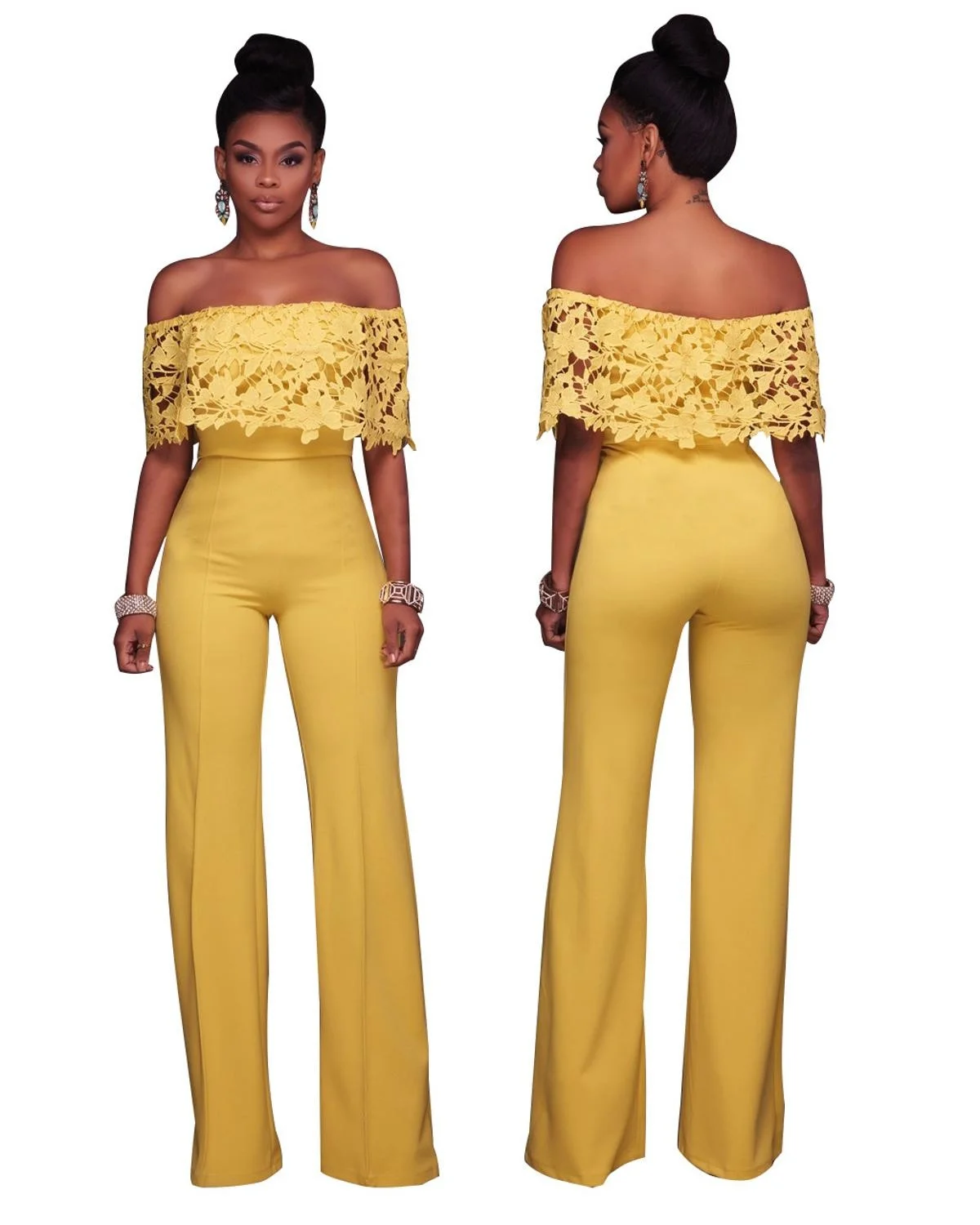 

2021 Long Jumpsuit Elegant Yellow Off Shoulder Summer Rompers Womens Party Office Work Ladies Overall Mono Mujer Tute Eleganti