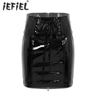 women glossy patent leather lace up mini skirt ladies high waist wet look leotard pencil skirts casual wear for nightclub