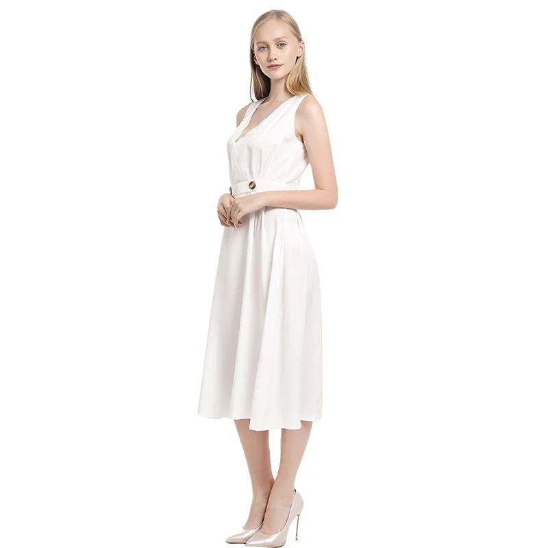 

Summer Long Dress Women Solid Sexy Deep V-Neck Sleeveless Button Long Sundress Vestidos